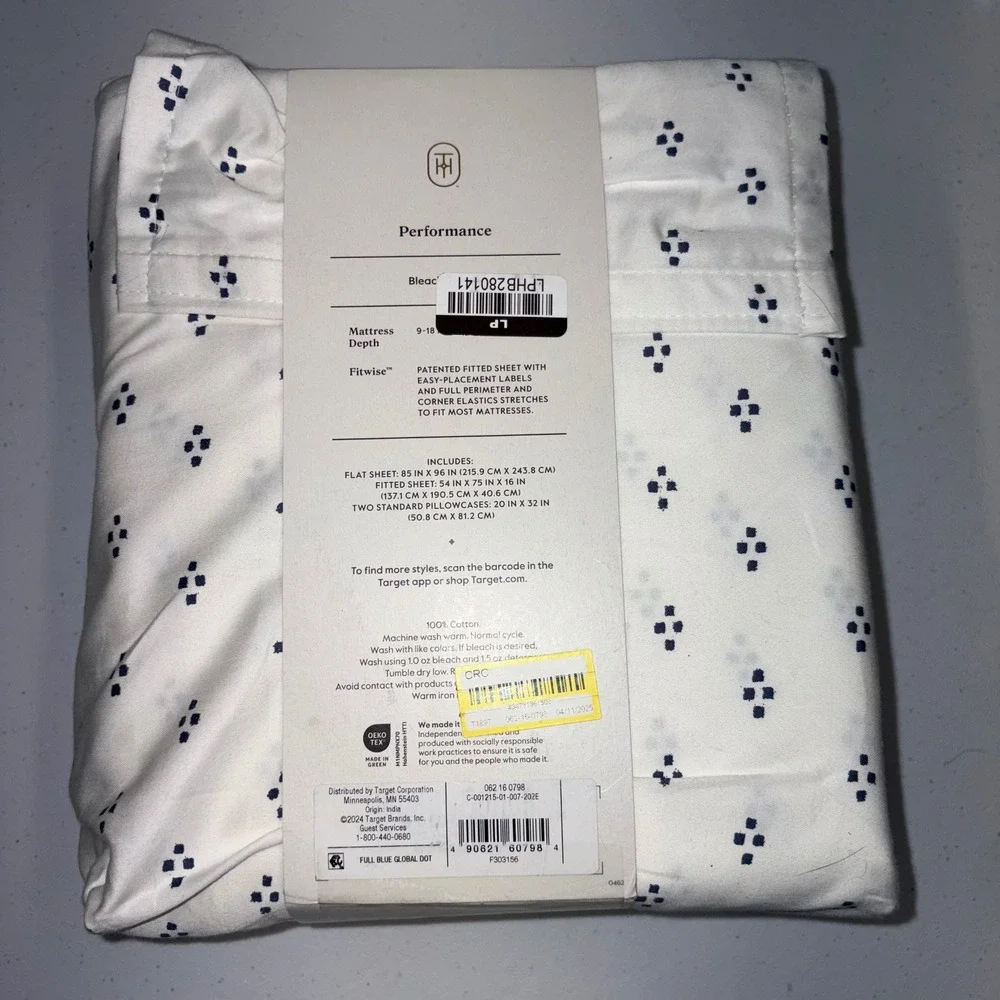 Threshold Full Performance Sheet Set 400 TC Cotton Sateen White Blue Diamond